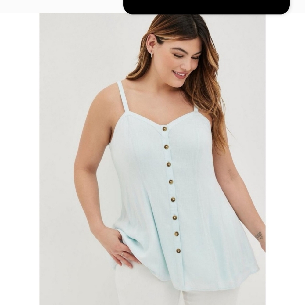 Torrid Fit And Flare Rayon Slub Button-Front Cami - Light Blue